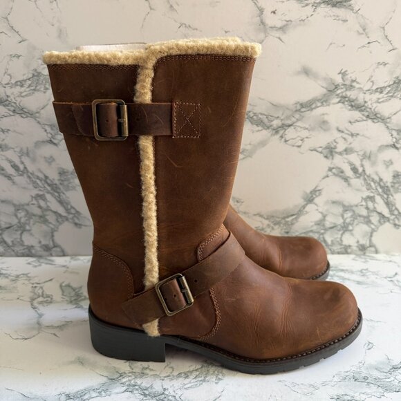 Clarks Women 9 Orinoco Art Boot Winter Shearling Lined Brown Leather Mid Calf - Picture 1 of 7